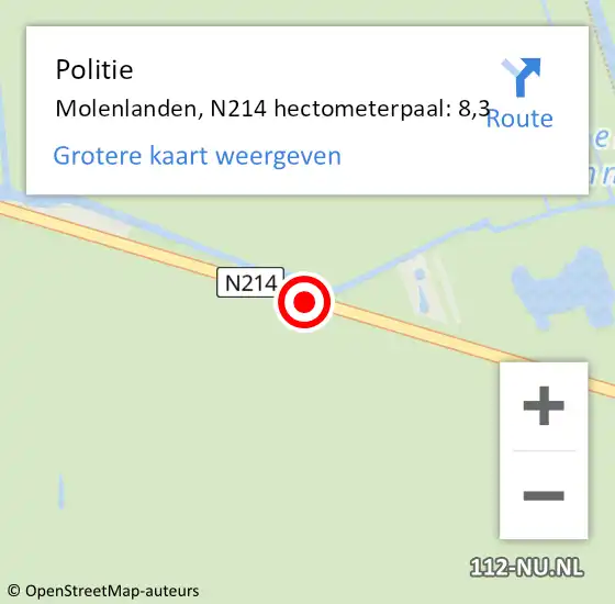 Locatie op kaart van de 112 melding: Politie Molenlanden, N214 hectometerpaal: 8,3 op 23 mei 2023 05:58