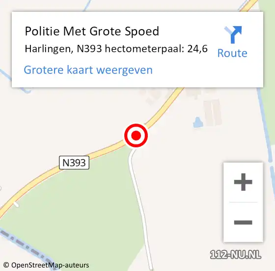 Locatie op kaart van de 112 melding: Politie Met Grote Spoed Naar Harlingen, N393 hectometerpaal: 24,6 op 23 mei 2023 16:35