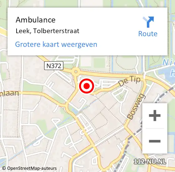 Locatie op kaart van de 112 melding: Ambulance Leek, Tolberterstraat op 24 mei 2023 10:48