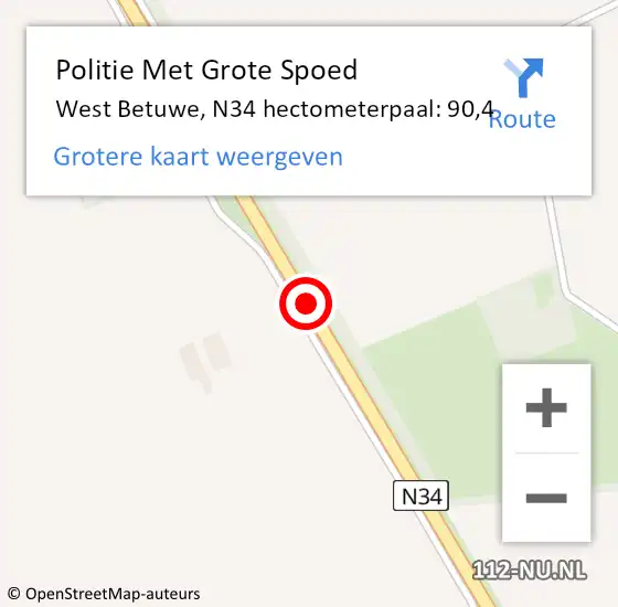 Locatie op kaart van de 112 melding: Politie Met Grote Spoed Naar West Betuwe, N34 hectometerpaal: 90,4 op 24 mei 2023 12:36
