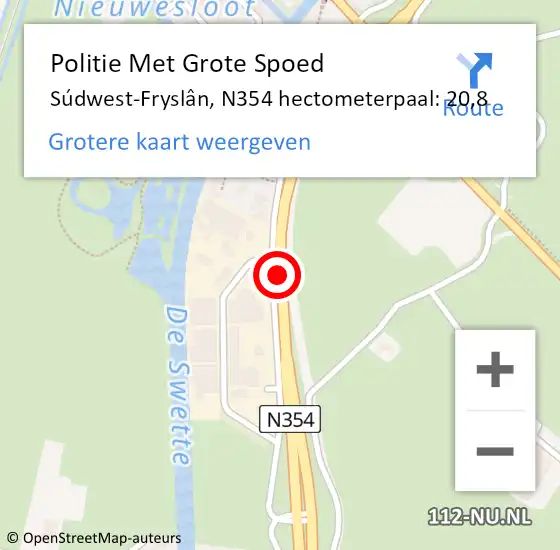 Locatie op kaart van de 112 melding: Politie Met Grote Spoed Naar Súdwest-Fryslân, N354 hectometerpaal: 20,8 op 25 mei 2023 13:04