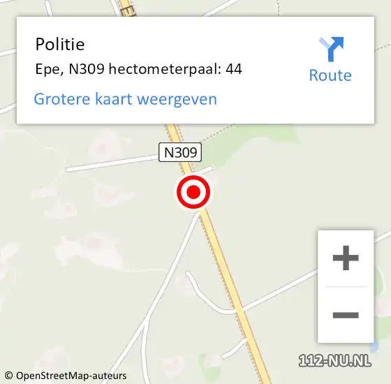 Locatie op kaart van de 112 melding: Politie Epe, N309 hectometerpaal: 44 op 26 mei 2023 11:50