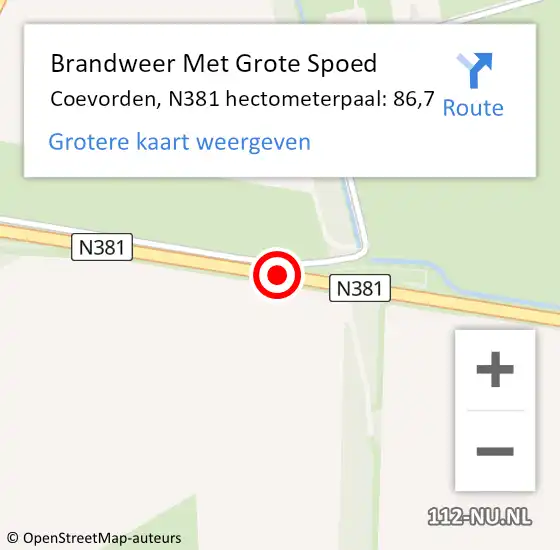 Locatie op kaart van de 112 melding: Brandweer Met Grote Spoed Naar Coevorden, N381 hectometerpaal: 86,7 op 26 mei 2023 11:53