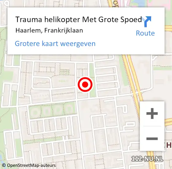 Locatie op kaart van de 112 melding: Trauma helikopter Met Grote Spoed Naar Haarlem, Frankrijklaan op 26 mei 2023 16:23