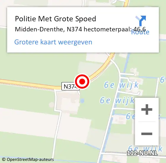 Locatie op kaart van de 112 melding: Politie Met Grote Spoed Naar Midden-Drenthe, N374 hectometerpaal: 46,6 op 26 mei 2023 17:36