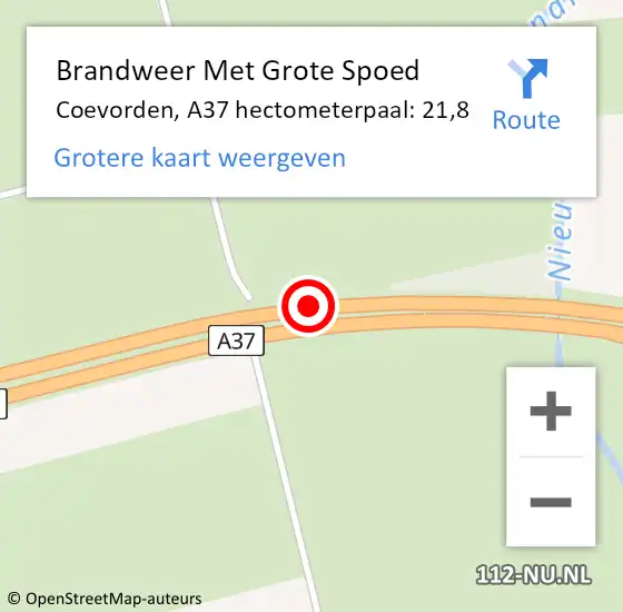 Locatie op kaart van de 112 melding: Brandweer Met Grote Spoed Naar Coevorden, A37 hectometerpaal: 21,8 op 26 mei 2023 18:29
