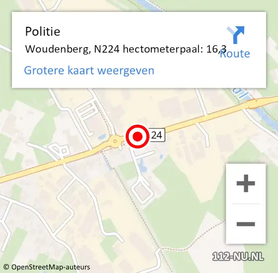 Locatie op kaart van de 112 melding: Politie Woudenberg, N224 hectometerpaal: 16,3 op 26 mei 2023 22:30