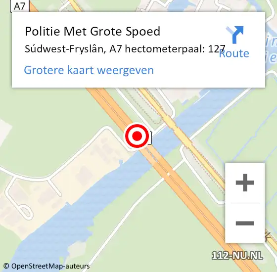 Locatie op kaart van de 112 melding: Politie Met Grote Spoed Naar Súdwest-Fryslân, A7 hectometerpaal: 127 op 27 mei 2023 07:05