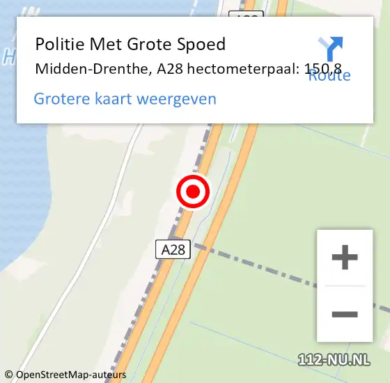 Locatie op kaart van de 112 melding: Politie Met Grote Spoed Naar Midden-Drenthe, A28 hectometerpaal: 150,8 op 27 mei 2023 10:01