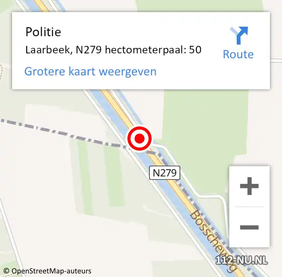 Locatie op kaart van de 112 melding: Politie Laarbeek, N279 hectometerpaal: 50 op 27 mei 2023 10:13