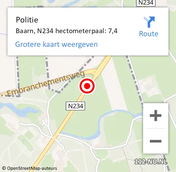 Locatie op kaart van de 112 melding: Politie Baarn, N234 hectometerpaal: 7,4 op 27 mei 2023 14:43