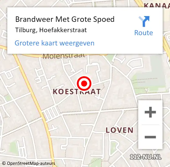 Locatie op kaart van de 112 melding: Brandweer Met Grote Spoed Naar Tilburg, Hoefakkerstraat op 27 mei 2023 18:07