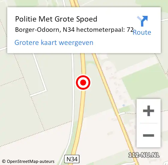 Locatie op kaart van de 112 melding: Politie Met Grote Spoed Naar Borger-Odoorn, N34 hectometerpaal: 72 op 28 mei 2023 03:12
