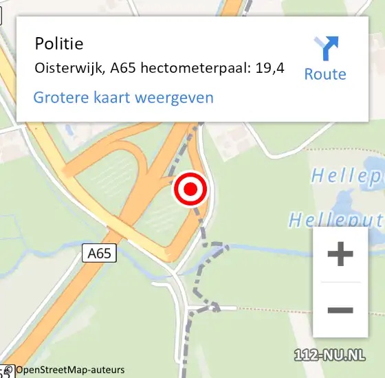 Locatie op kaart van de 112 melding: Politie Oisterwijk, A65 hectometerpaal: 19,4 op 28 mei 2023 11:26