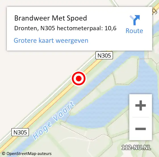 Locatie op kaart van de 112 melding: Brandweer Met Spoed Naar Dronten, N305 hectometerpaal: 10,6 op 28 mei 2023 15:44