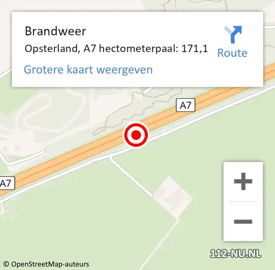 Locatie op kaart van de 112 melding: Brandweer Opsterland, A7 hectometerpaal: 171,1 op 28 mei 2023 17:51