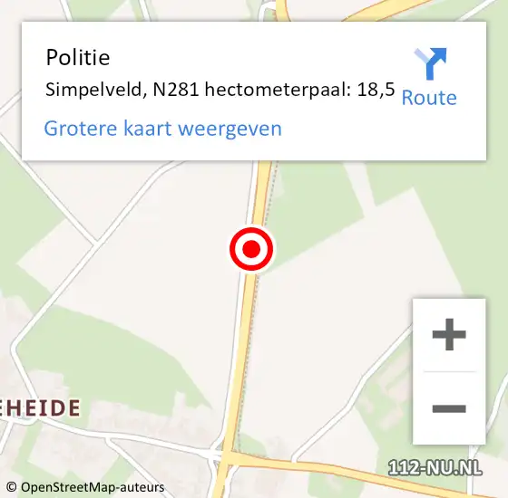 Locatie op kaart van de 112 melding: Politie Simpelveld, N281 hectometerpaal: 18,5 op 28 mei 2023 21:41