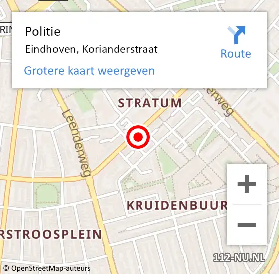 Locatie op kaart van de 112 melding: Politie Eindhoven, Korianderstraat op 29 mei 2023 00:05