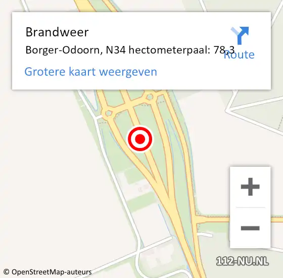 Locatie op kaart van de 112 melding: Brandweer Borger-Odoorn, N34 hectometerpaal: 78,3 op 29 mei 2023 14:03