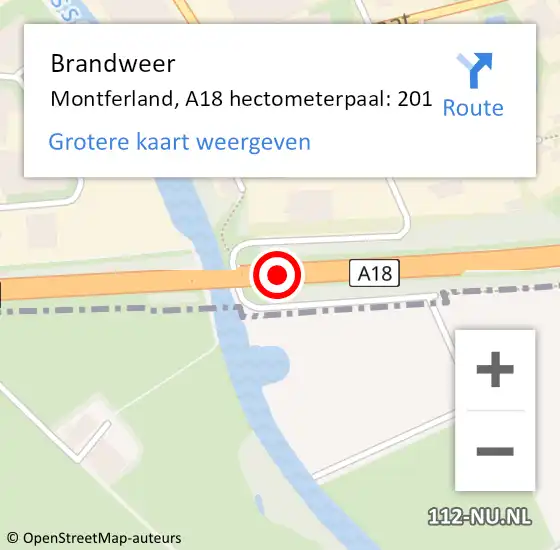 Locatie op kaart van de 112 melding: Brandweer Montferland, A18 hectometerpaal: 201 op 30 mei 2023 13:42