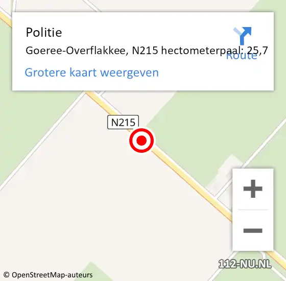 Locatie op kaart van de 112 melding: Politie Goeree-Overflakkee, N215 hectometerpaal: 25,7 op 30 mei 2023 14:28