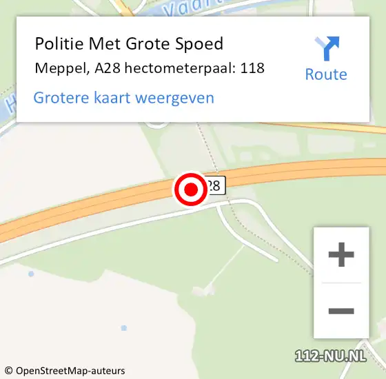 Locatie op kaart van de 112 melding: Politie Met Grote Spoed Naar Meppel, A28 hectometerpaal: 118 op 30 mei 2023 15:36