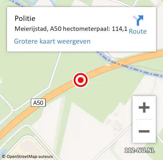Locatie op kaart van de 112 melding: Politie Meierijstad, A50 hectometerpaal: 114,1 op 30 mei 2023 15:48