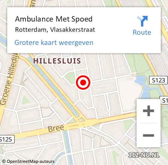 Locatie op kaart van de 112 melding: Ambulance Met Spoed Naar Rotterdam, Vlasakkerstraat op 30 mei 2023 19:05
