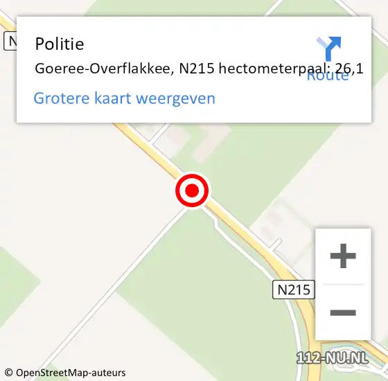 Locatie op kaart van de 112 melding: Politie Goeree-Overflakkee, N215 hectometerpaal: 26,1 op 31 mei 2023 11:10