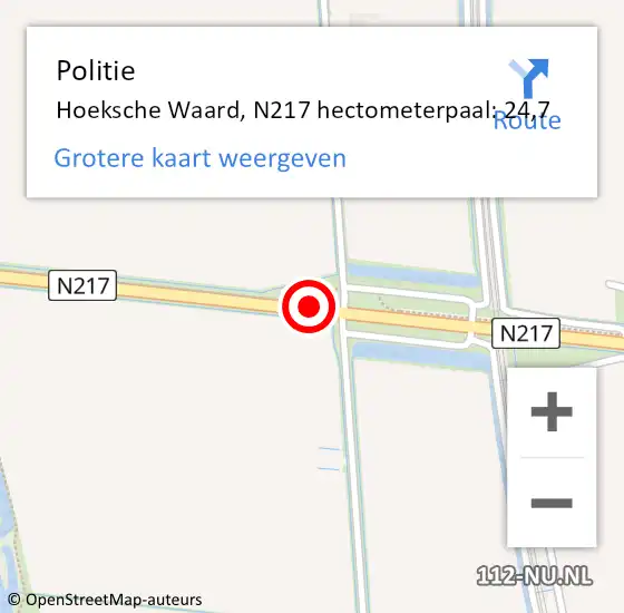 Locatie op kaart van de 112 melding: Politie Hoeksche Waard, N217 hectometerpaal: 24,7 op 31 mei 2023 16:00