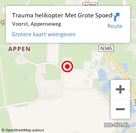 Locatie op kaart van de 112 melding: Trauma helikopter Met Grote Spoed Naar Voorst, Appenseweg op 31 mei 2023 20:00