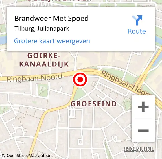Locatie op kaart van de 112 melding: Brandweer Met Spoed Naar Tilburg, Julianapark op 31 mei 2023 22:04