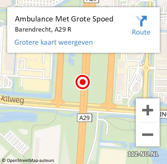 Locatie op kaart van de 112 melding: Ambulance Met Grote Spoed Naar Barendrecht, A29 L hectometerpaal: 11,3 op 27 augustus 2014 13:07