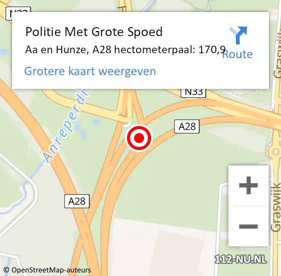 Locatie op kaart van de 112 melding: Politie Met Grote Spoed Naar Aa en Hunze, A28 hectometerpaal: 170,9 op 2 juni 2023 18:50
