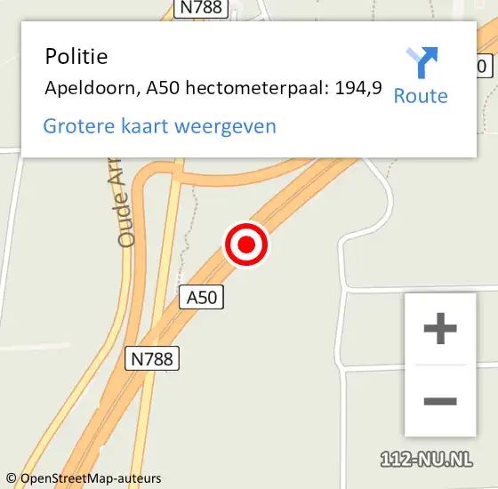 Locatie op kaart van de 112 melding: Politie Apeldoorn, A50 hectometerpaal: 194,9 op 2 juni 2023 20:10