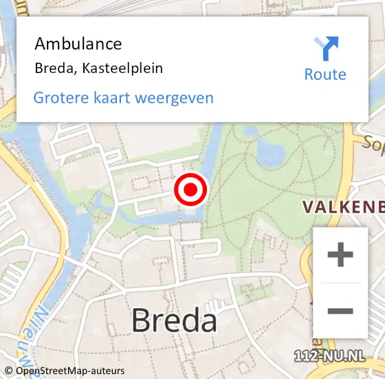Locatie op kaart van de 112 melding: Ambulance Breda, Kasteelplein op 3 juni 2023 12:49