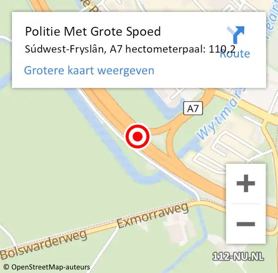 Locatie op kaart van de 112 melding: Politie Met Grote Spoed Naar Súdwest-Fryslân, A7 hectometerpaal: 110,2 op 3 juni 2023 19:17