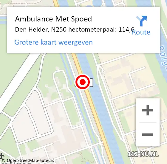 Locatie op kaart van de 112 melding: Ambulance Met Spoed Naar Den Helder, N250 hectometerpaal: 114,6 op 4 juni 2023 11:17
