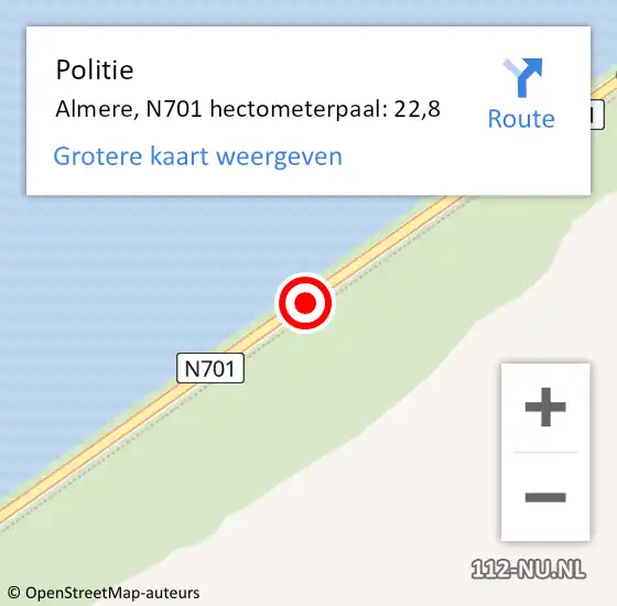 Locatie op kaart van de 112 melding: Politie Almere, N701 hectometerpaal: 22,8 op 4 juni 2023 18:10