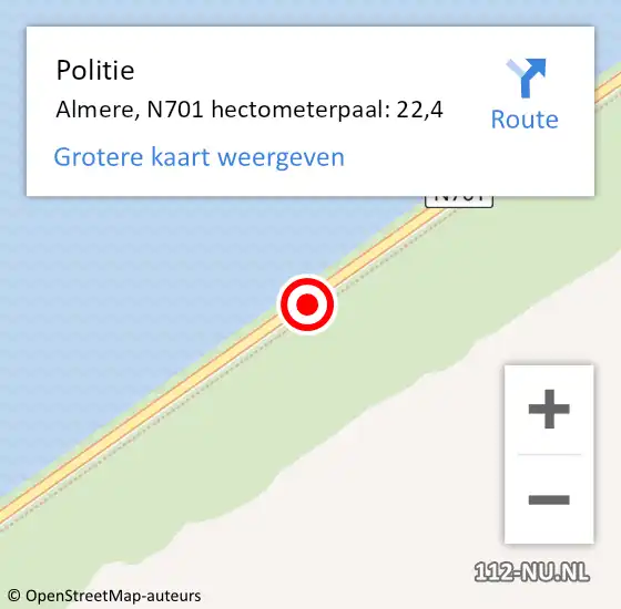 Locatie op kaart van de 112 melding: Politie Almere, N701 hectometerpaal: 22,4 op 4 juni 2023 21:38