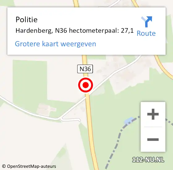 Locatie op kaart van de 112 melding: Politie Hardenberg, N36 hectometerpaal: 27,1 op 5 juni 2023 07:07