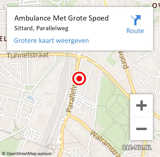 Locatie op kaart van de 112 melding: Ambulance Met Grote Spoed Naar Sittard, Parallelweg op 5 juni 2023 12:10