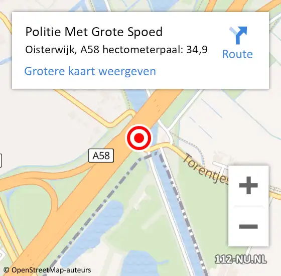 Locatie op kaart van de 112 melding: Politie Met Grote Spoed Naar Oisterwijk, A58 hectometerpaal: 34,9 op 5 juni 2023 22:26