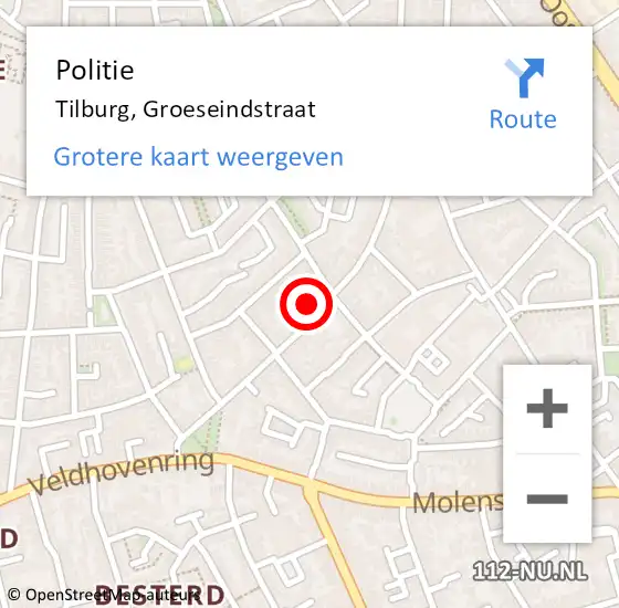 Locatie op kaart van de 112 melding: Politie Tilburg, Groeseindstraat op 6 juni 2023 19:25