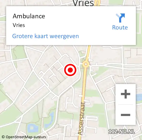 Locatie op kaart van de 112 melding: Ambulance Vries op 7 juni 2023 05:08