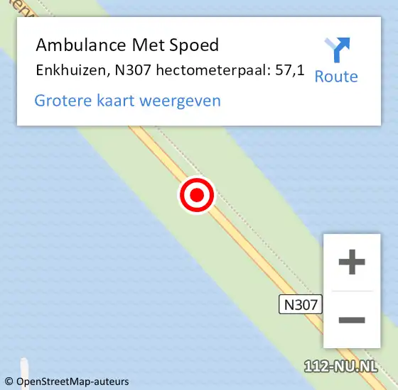 Locatie op kaart van de 112 melding: Ambulance Met Spoed Naar Enkhuizen, N307 hectometerpaal: 57,1 op 7 juni 2023 16:28