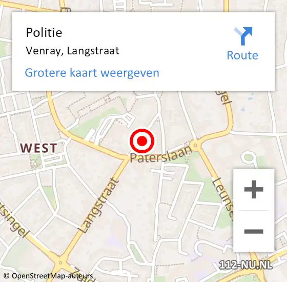 Locatie op kaart van de 112 melding: Politie Venray, Langstraat op 8 juni 2023 13:04