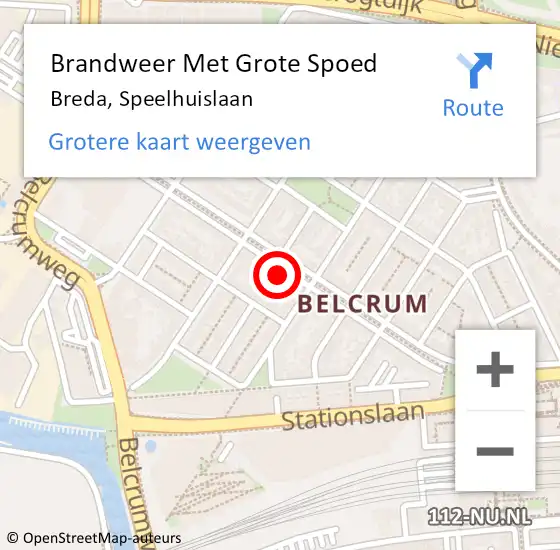 Locatie op kaart van de 112 melding: Brandweer Met Grote Spoed Naar Breda, Speelhuislaan op 8 juni 2023 13:58