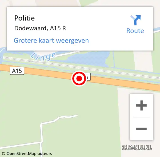 Locatie op kaart van de 112 melding: Politie Dodewaard, A15 R op 28 augustus 2014 10:30