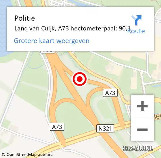 Locatie op kaart van de 112 melding: Politie Land van Cuijk, A73 hectometerpaal: 90,1 op 9 juni 2023 17:09